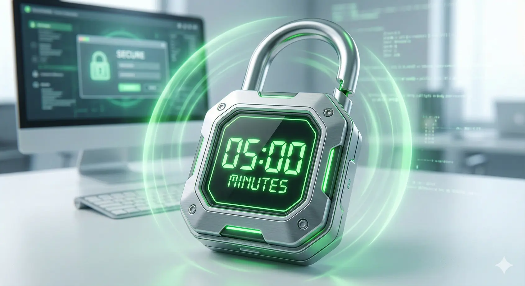 click showing 5 minutes on its face with a lock symbol and a computer behind