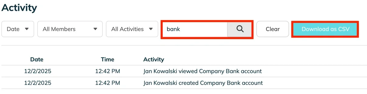 Activity log showing all activity related to the bank record