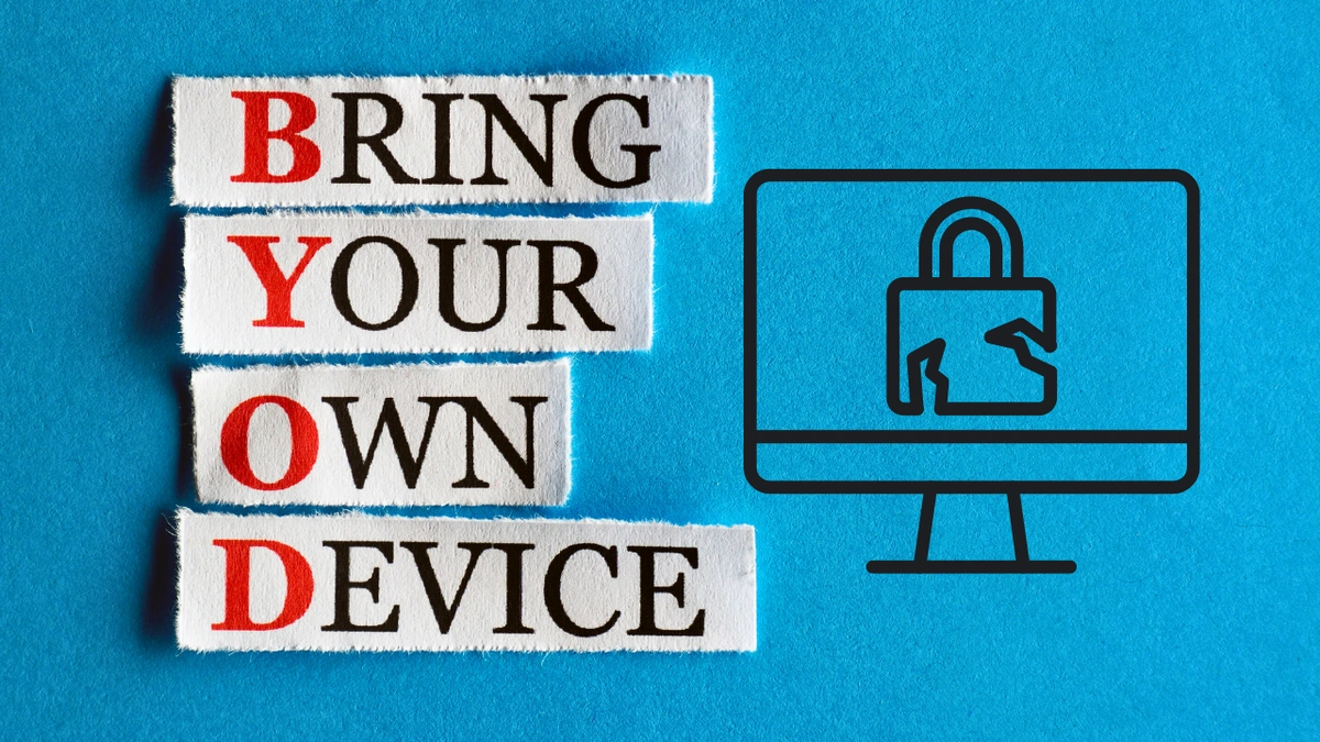 The words "Bring Your Own Device" with the first letters (BYOD) in red, against a blue background with a computer icon that has a cracked lock on its screen.