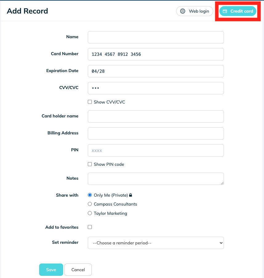 TeamPassword Add Record form showing the Credit card record type selected, with fields for Name, Card Number, Expiration Date, CVV/CVC, Card holder name, Billing Address, PIN, Notes, sharing options, favorites, and reminder.