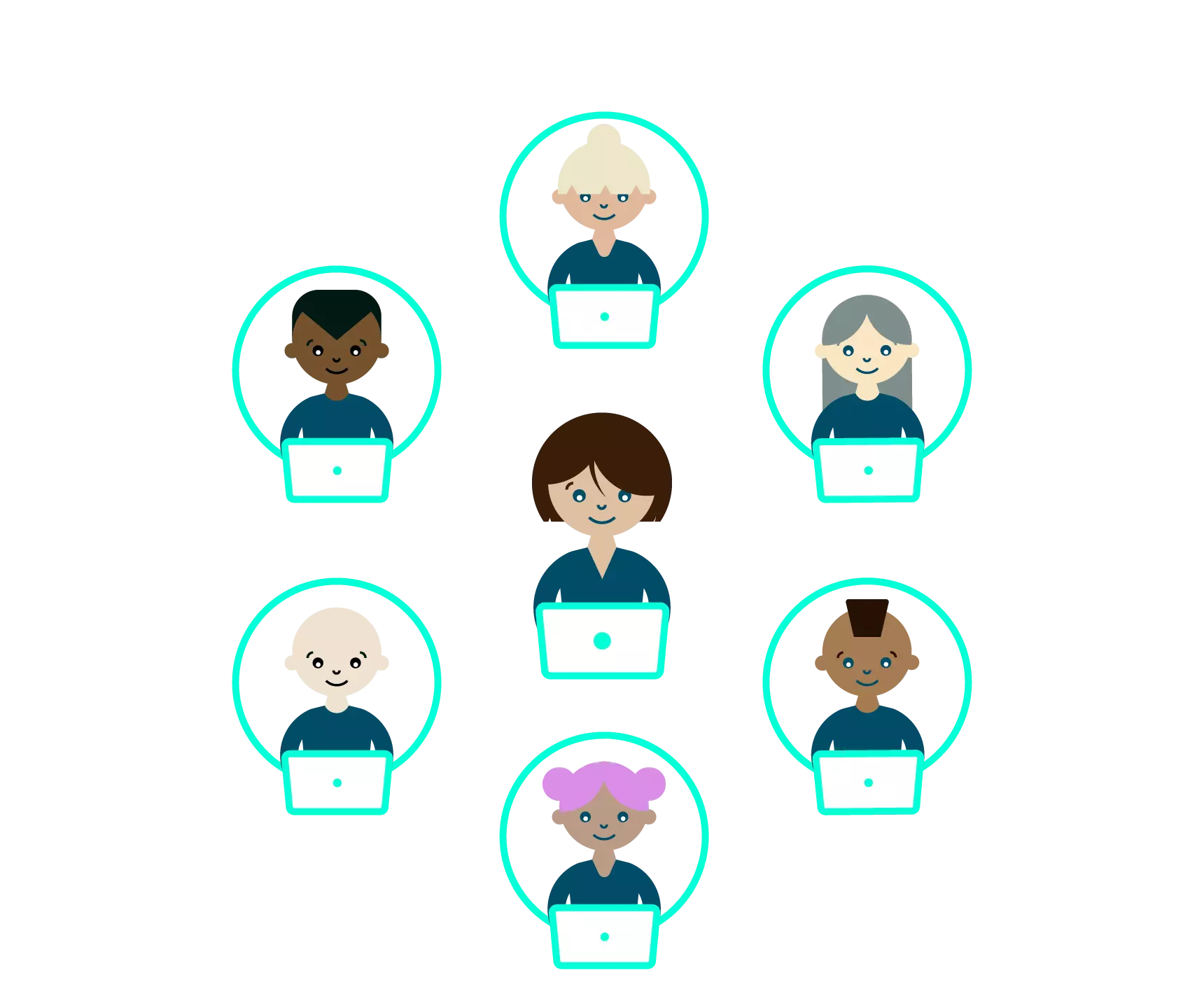 cartoon graphic of a team using computers