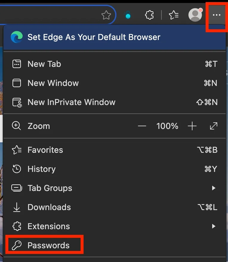screenshot of microsoft edge menu button and saved passwords location