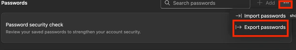 screenshot of microsoft edge export passwords location