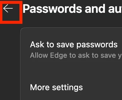 screenshot of microsoft edge back button from password manager