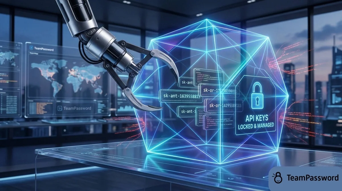 A futuristic robotic arm interacting with a secure digital vault labeled API Keys Locked and Managed, illustrating how to securely store LLM credentials for autonomous AI agents like OpenClaw using TeamPassword.