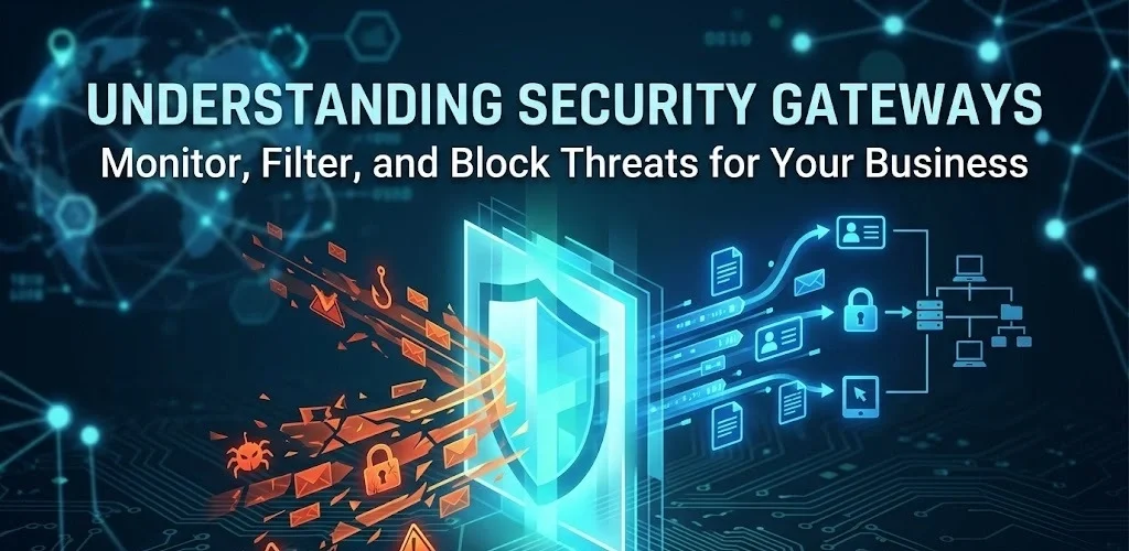 security gateways represented with blue shield and streams of data