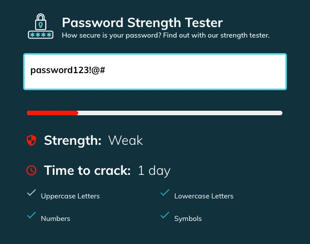 screenshot of the TeamPassword strength tester, showing how fast a given password can be cracked