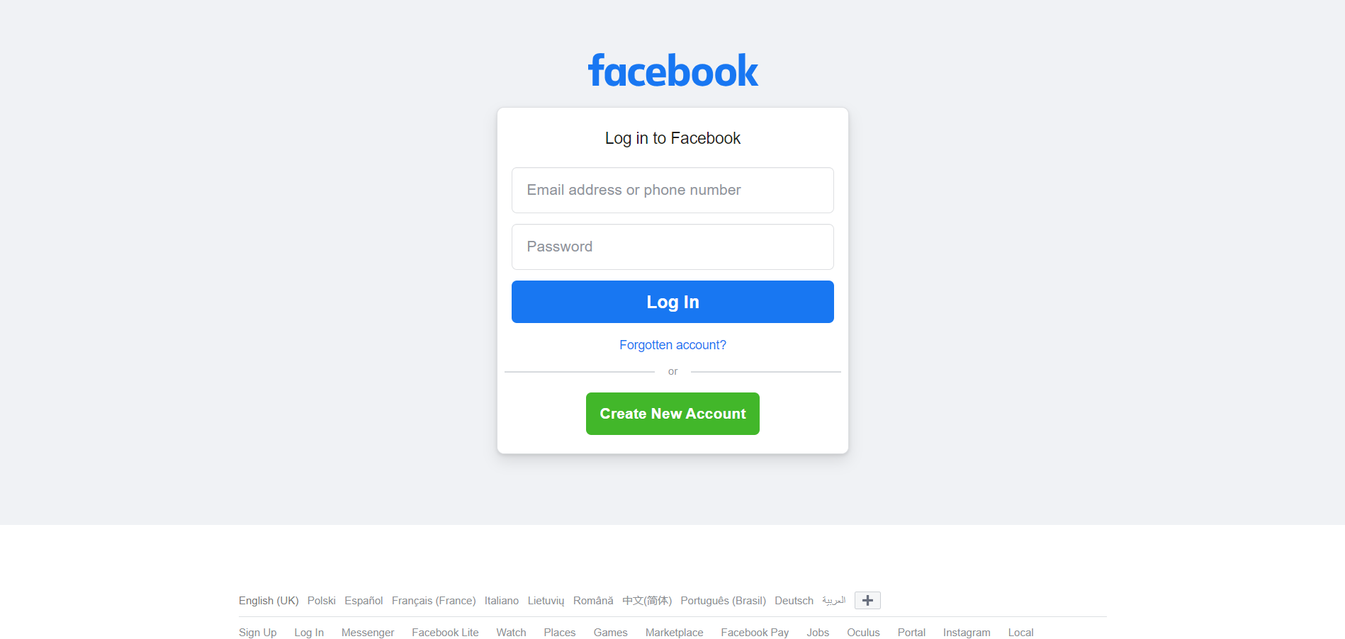 standard Facebook login page