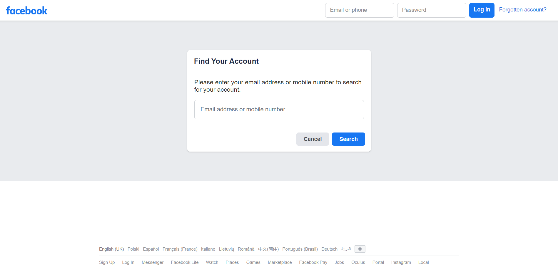 Facebook recovery page asking using to enter their phone number to find their account